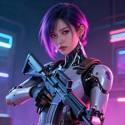 beautiful illustration of a cyborg mercenary girl holding a rifle, art by wlop, artgerm, upper body, cyberpunk, neon, elegant, highly detailed, trending on artstation, sharp focus, caustics, octane render, radiant light, 4 k