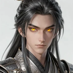futuristic medieval japan man samurai, sci-fi, amber eyes, face, long hair, fantasy, intricate, elegant, highly detailed, digital painting, artstation, concept art, smooth, sharp focus, illustration, art by artgerm and greg rutkowski and alphonse mucha