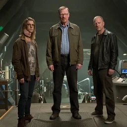 walter white and jesse pinkman in gus frings underground laboratory on top of howard hamlin and lalo salamunca