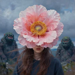 closeup, girl with giant flower head, between monsteras, surreal photography, wind and cold, dramatic sky, impressionist painting, digital painting, artstation, simon stalenhag