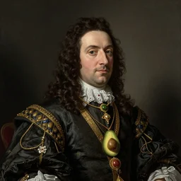 royal portrait of the prince of [ [ avocados ] ]. with [ [ avocado ] ] jewellery and ornaments. school of rembrandt. 1 6 4 2.