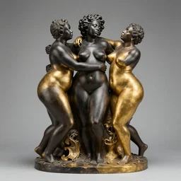 black pearl and gold sculpture of three beautiful sensual obese black people embracing each other in ecstasy, climax, museum artifact