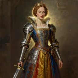 realistic detailed of painting of  Olivia Wilde  as a medieval queen wearing a  renaissance colorful dress, leather armor, sword in hand, backlit, made by N.C. Wyeth and Karol Bak, Artstation, 2d digital art sfw,