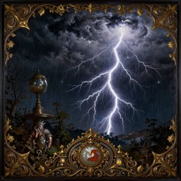 evolution of humanity, nighttime, darkness, rain clouds, powerful lightning strikes, ominous, ornate, rich color, intricate, highly detailed, oil painting by bosch