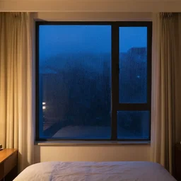 photo of dark blue rainy bedroom window at night