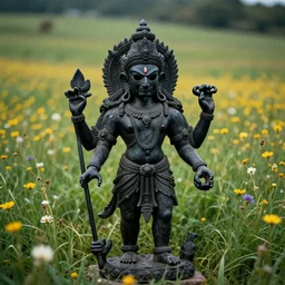 mystical hindu black death god statue in tall meadow of flowers, dslr photo, grainy, high detail, high resolution