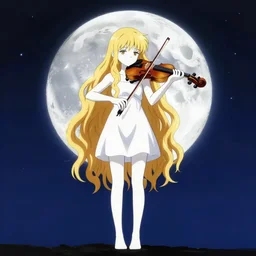 teen, cute, melancholy, full body, a female with white skin and golden long wavy hair holding a violin and playing a song, stunning art style, filters applied, lunar time, night sky, trending art, sharp focus, centered, landscape shot, fate zero, simple background, studio ghibly makoto shinkai yuji yamaguchi, by wlop