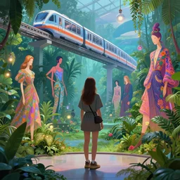 a vibrant dream of one beautiful girl wearing yeezy from behind looking through a museum of the world's best digital art, lush plants, a monorail train, glowing lights, high fashion, magic details, by moebius, edward hopper, james gilleard, and james jean, hd, 8 k, trending on artstation, uhd,