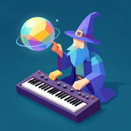 wizard of analog synthesizer pondering his orb, technicolor, low poly, isometric