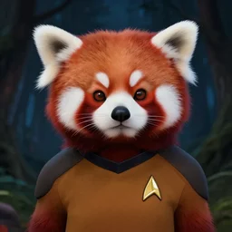 a portrait of a female red panda in starfleet uniform at night in a dark forest. zootopia fursona furaffinity furry art detailed face painting by gaston bussiere craig mullins jc leyendecker gustav klimt artgerm greg rutkowski furry