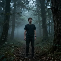average discord moderator in forest, cinematic, twilight, realistic, horror, fog, detailed, full body
