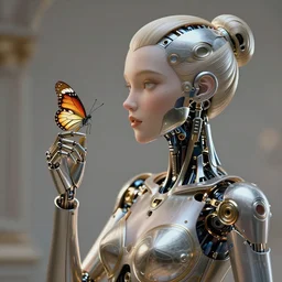 Mechanical female android looking at butterfly, cinematic lighting, intricate, elegant, super highly detailed, art station, smooth, sharp focus, no blur, no dof, extreme illustration, Unreal Engine 5, Photorealism, HD quality, 8k resolution, cinema 4d, 3D, beautiful, delicate, art by artgerm and greg rutkowski and alphonse mucha and loish and WLOP