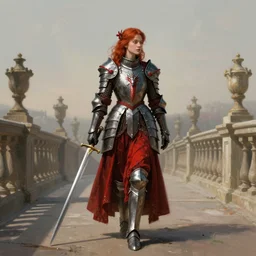 young redhead pale woman in dark and red princess dragon armor, she is holding a sword, walking on an ancient neoclassical bridge. by henriette ronner - knip, by william henry hunt, by rembrandt, concept art,