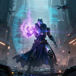 cyberpunk android sorcerer casting a magical spell inside a simulation, magic lines of code in the air, special effects, lens flare, cinematic lighting, atmosphere, sparks, energy, digital world, highly detailed, futuristic street, flying drones, foggy weather, apartments, artstation, art by eddie mendoza and leif heanzo