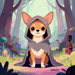 shamanistic anthropomorphic chihuahua, wearing infested tattered hood, otherworldly forest path, pixiv fanbox, dramatic lighting, maximalist pastel color palette, splatter paint, pixar disney concept, graphic novel by fiona staples, dustin nguyen, peter elson, alan bean, wangechi mutu, clean cel shaded vector art, trending on artstation