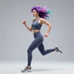 a award winning full body shot of a beautiful woman in a croptop and leggings with a ombre purple pink teal hairstyle with head in motion and hair flying, outrun, vaporware, highly detailed, fine detail, intricate