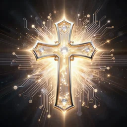 cross with ring behind it, glowing, fantasy, circuitry, explosion, dramatic, intricate, elegant, highly detailed, digital painting, artstation, concept art, smooth, sharp focus, illustration, art by Gustave Dore, octane render