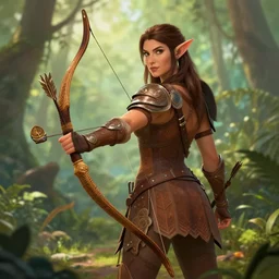 Gorgeous Jungle Ranger, brown armor, thick bow, ornamental arrows, high fantasy, elf, brown hair, trending on artstation, artstationHD, artstationHQ