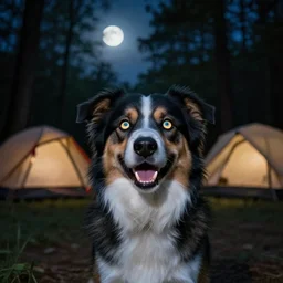 an otherworldly photo of a dog. something isn't quite right about this dog. i can almost see her eyes glowing in the moonlight, her beautiful fangs smiling at me. photo from camping in deep woods last summer. sometimes my dog really scares me... sometimes it's subtle... she almost looks cute but then...