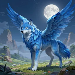 Blue feathered wolf with wings on a beautiful fantasy landscape, hills, mountains, moonlit, HD, illustration, epic, D&D, fantasy, intricate, elegant, highly detailed, digital painting, artstation, concept art, smooth, sharp focus, illustration, art by XIAODI JIN