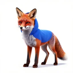 a full shot of a standing red fox in a blue hoodie on a white background, synthwave style
