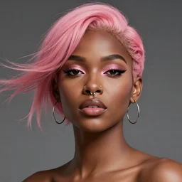 beautiful nigerian girl with short pink hair and nose piercing, pink eye liner, thin round earrings, winds of winter, hyper detailed, digital art, trending in artstation, cinematic lighting, studio quality, smooth render, octane rendered, concept art, sharp focus, illustration, art by artgerm and greg rutkowski and wlop