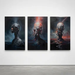 futuristic dark surrealism, spary painting, 3 pieces on wall, artwork by obey