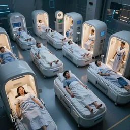 cybernetic sleeping pods, diverse humans sleeping in healing pods, humans sleeping in healing pods, wide wide angle, vivid, elaborate, highly detailed, beautiful dim lighting