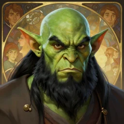 centralized head - on character portrait, green skin, orc ears, angry handsome d & d orc monk with black hair and black beard, alphonse mucha, rhads, ross tran, dungeons and dragons character art commission, artstation, artgerm, octane render, 1 6 k