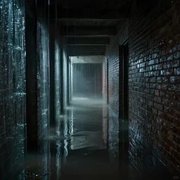 flooded glass - brick hallway, dark, creepy, eerie, liminal, liminal space,
