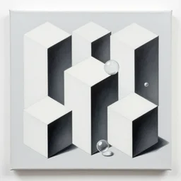 acrylic canvas with cubes and ( balls ) and ( ( bubbles ) ) in escher and ( bosch ) style