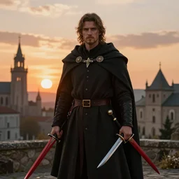 man wearing a cloak and holding two red daggers, cinematic, sunset, medieval city background, 4 k