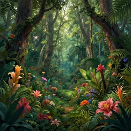 an enchanted forest full of tropical flowers, by alex horley
