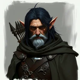 an older elf black - haired, archer with leather armor, cloak, head and torso concept character art by bruce pennington and christophe vacher, trending on artstation