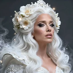 jennifer lopez, a colorful and vibrant majestic white queen open wide eyes drops a tear with flowers on her hair, glowing light orbs, intricate concept art, elegant, digital painting, smooth, sharp focus, ethereal opalescent mist, outrun, vaporware, cyberpunk darksynth, ethereal, ominous, misty, 8 k, by ruan jia and miho hirano, 8 k, rendered in octane