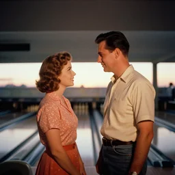a 35mm photograph of a man and a woman at a bowling alley in the 1950's at sunset, bokeh, Canon 50mm, cinematic lighting, photography, retro, film, Kodachrome