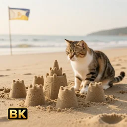 photo of a cat building a sandcastle on a beach, photorealistic, 8 k photo, golden hour, award winning