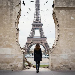 a woman in paris, walls crumbling, hundreds of black birds falling from the sky