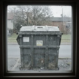 photo of an dumpster throught the dirty window, photo by Pieter Hugo.