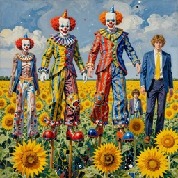 decollage painting struggling clowns on stilts walk through a field of sunflowers by adrian ghenie and takato yamamoto and edward hopper and mark ryden and tsutomu nihei, part by bridget riley, acrylic pour and splashing paint, very coherent, baroque elements, perfect anatomy, intricate design. pop art.