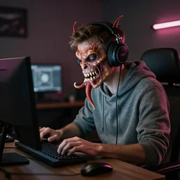 a photo of kraken wearing headphones and using a computer, trolling
