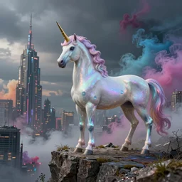 a iridescent unicorn on a cliff overlooking a dystopian city covered in colorful toxic smog, ultra realistic, concept art, intricate details, highly detailed, photorealistic, octane render, 8 k, fantasy art, masterpiece