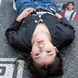 beautiful full body portrait photo in style of 1990s frontiers in retrofuturism tokyo seinen manga shri yantra street photography fashion wachowski edition, highly detailed, focus on pursed lips, eye contact, lying on ground bird perspective, soft lighting