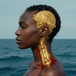 portrait of a black woman :: side profile :: blood :: background sea :: intricate details in gold :: oxygen implant :: 8k :: simon stalenhag and Sandra Chevrier