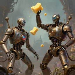 evil cybrog robots throwing sponges at each other. steampunk, intricate, elegant, fantasy, highly detailed, digital painting, concept art, sharp focus, illustration, beautiful lighting, epic light, artstation, colorful, dramatic