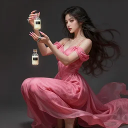 a beautiful 4 0 years old chatain hair woman in a pink - red long dress and silver rings on her fingers with long pink nails makes levitate precious little transparent bottles filled with a magic ivory white liquid with a black sticker on them. fantasy, intricate, elegant, highly detailed, digital painting, artstation, concept art, matte, sharp focus, illustration, aenaluck