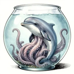 a lovecraftian dolphin monster with lots of tentacles | sitting in a fishbowl | illustration, very detailed, pen, ink and watercolors, drawn by brian bolland