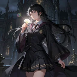 out of town college girl, magic school uniform, fantasy building, sorceress, dark light night, intricate, elegant, sharp focus, lens flare, bloom, rim light, illustration, highly detailed, digital painting, concept art, matte, art by wlop and artgerm and greg rutkowski and alphonse mucha, masterpiece