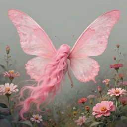 symmetry!! a pink beautiful fairy with large wings and flowing hair is exploring her flower garden, style of tom bagshaw, extremely detailed, muted colors, negative space