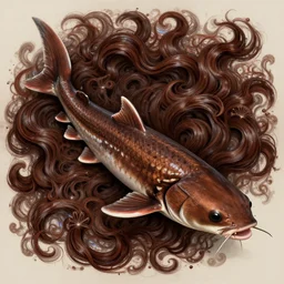 song of the hurricane, detailed beautiful giant catfish, chocolate, opulent swirling hair, iridescent, organic background, art by wlop, peter morebacher, greg rutkowski, craig mullins, ruan jia, thomas kinkade, victor ngai, ernst haeckel, alphonse mucha, unreal engine, blender, octane, ray tracing. fractal coral, sharp focus, masterpiece,